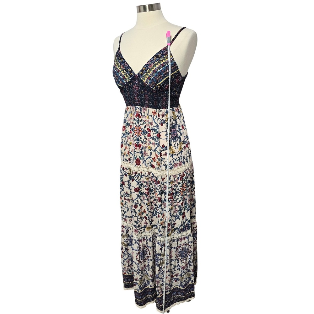 Angie Boho Floral Maxi Dress Medium Smocked Lace Trim Straps Flowy Festival Mix - Picture 10 of 14